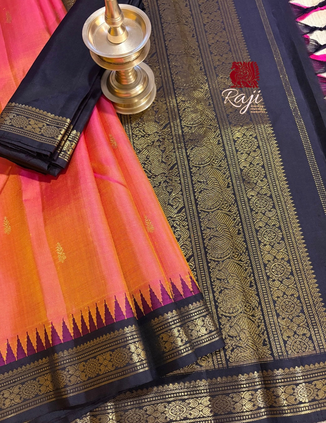 Peachy Mustard  Small Border Korvai Kanjivaram Silk Saree with Kanchana Border - RK0742