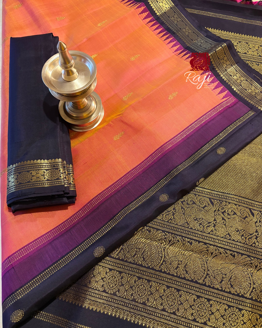 Peachy Mustard  Small Border Korvai Kanjivaram Silk Saree with Kanchana Border - RK0742