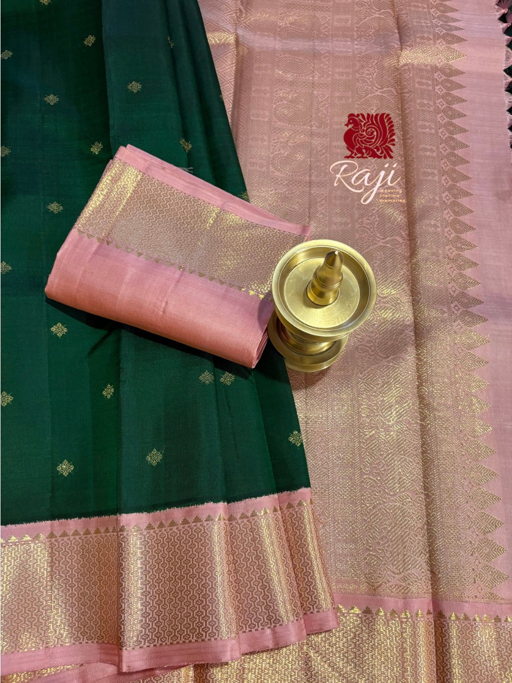 Velvety Dark green Korvai Kanjivaram Silk Saree with Dusty Rose Border - RK0504