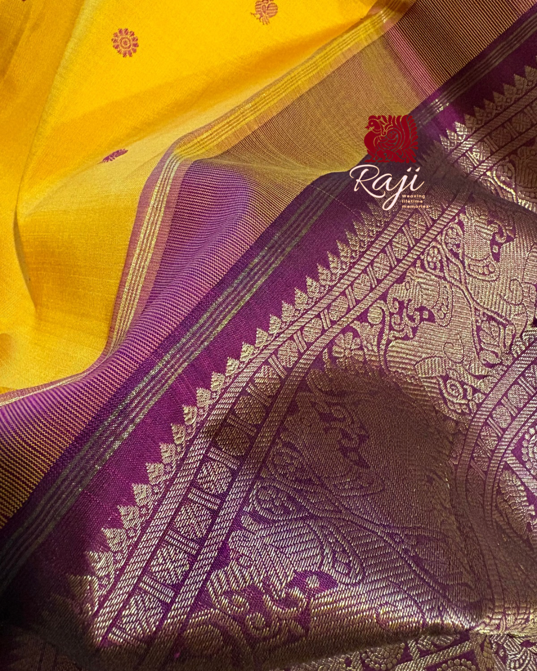 Golden yellow Korvai Kanjivaram Silk Saree with Deep Vadamalli border - RK0160