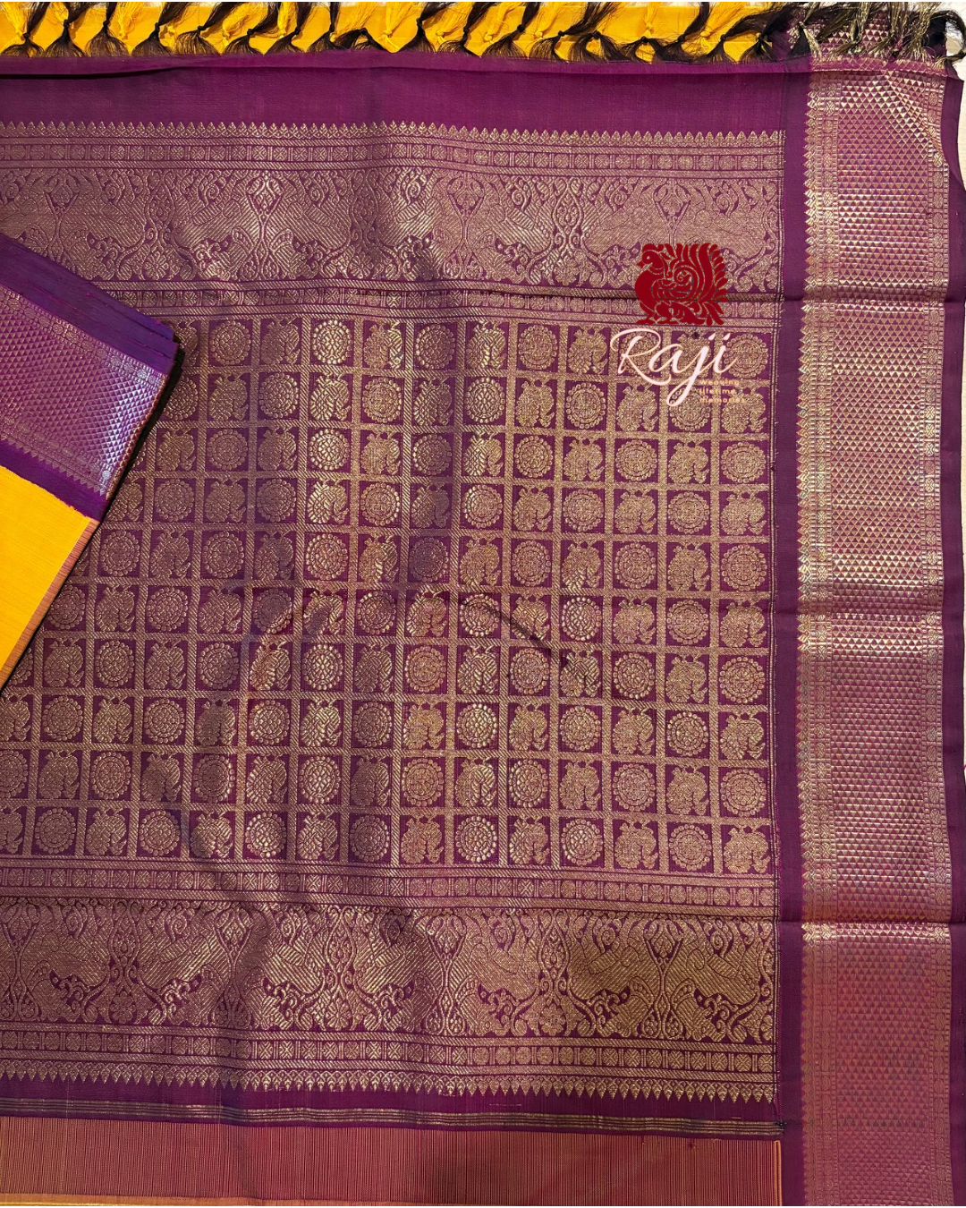 Golden yellow Korvai Kanjivaram Silk Saree with Deep Vadamalli border - RK0160