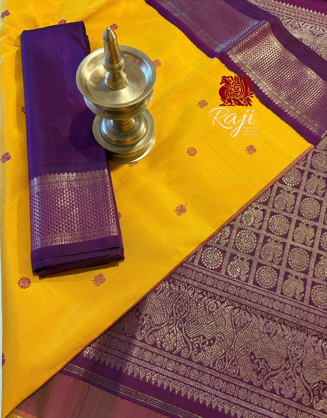 Golden yellow Korvai Kanjivaram Silk Saree with Deep Vadamalli border - RK0160