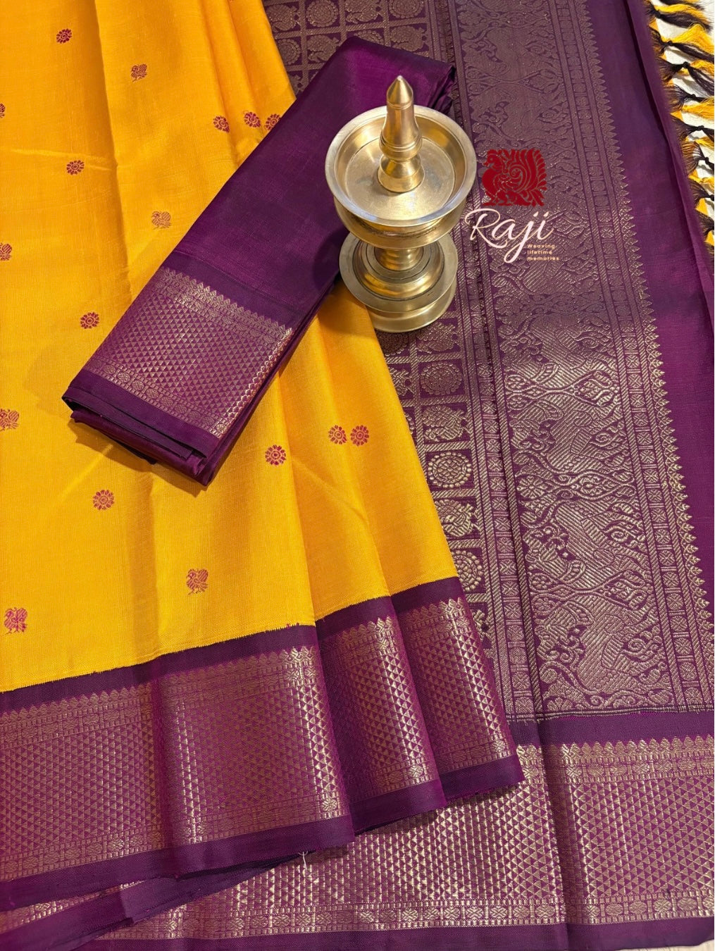 Golden yellow Korvai Kanjivaram Silk Saree with Deep Vadamalli border - RK0160