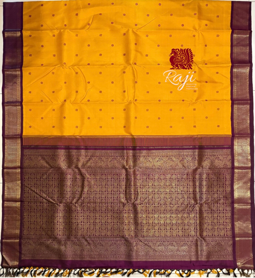 Golden yellow Korvai Kanjivaram Silk Saree with Deep Vadamalli border - RK0160