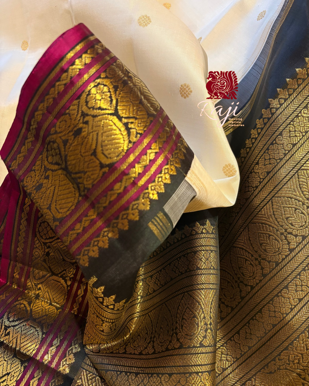 Pristine Ivory Korvai Kanjivaram Silk Saree with Kanchana border - RK0736