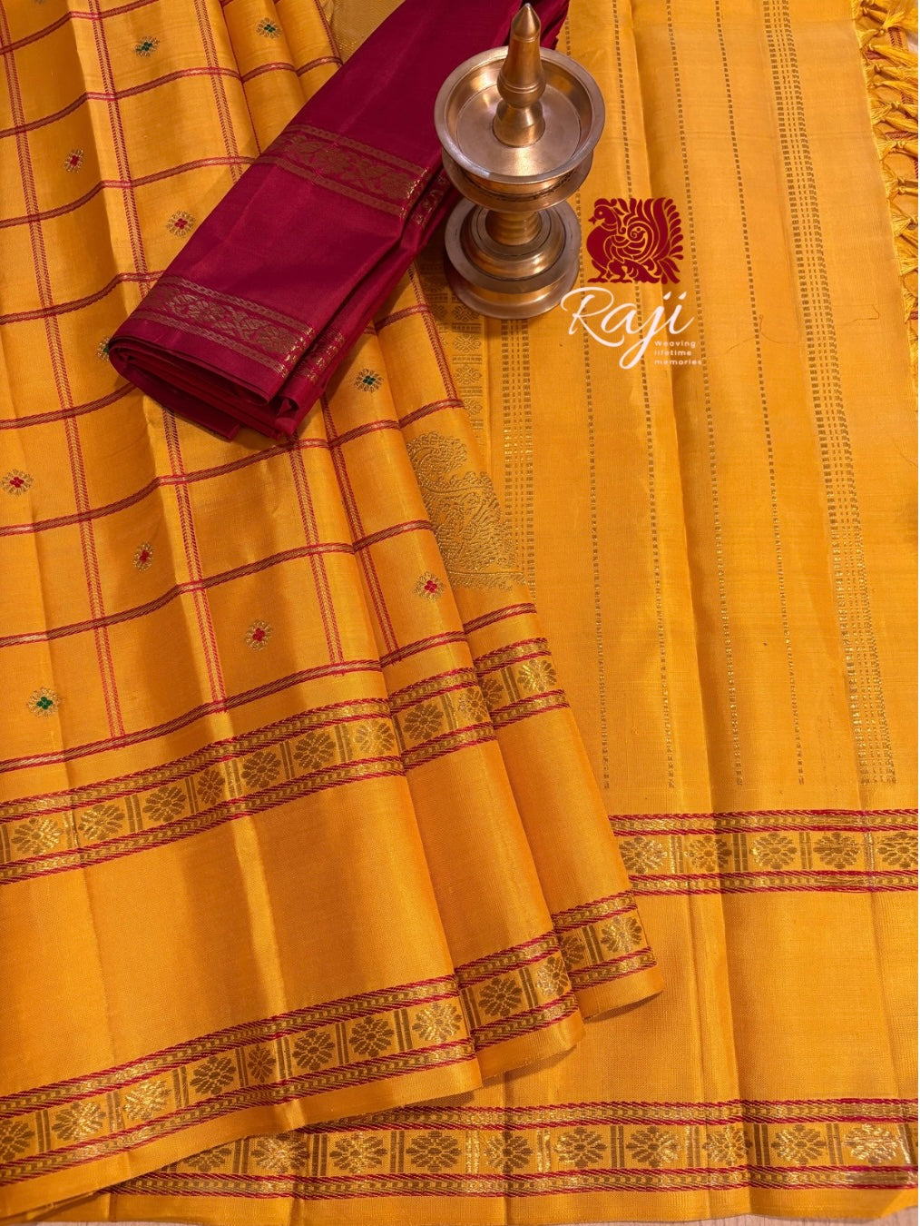 Golden Mustard Veldhari kattam monotone Kanjivaram Silk Saree with Meenakari buttas - RK0750