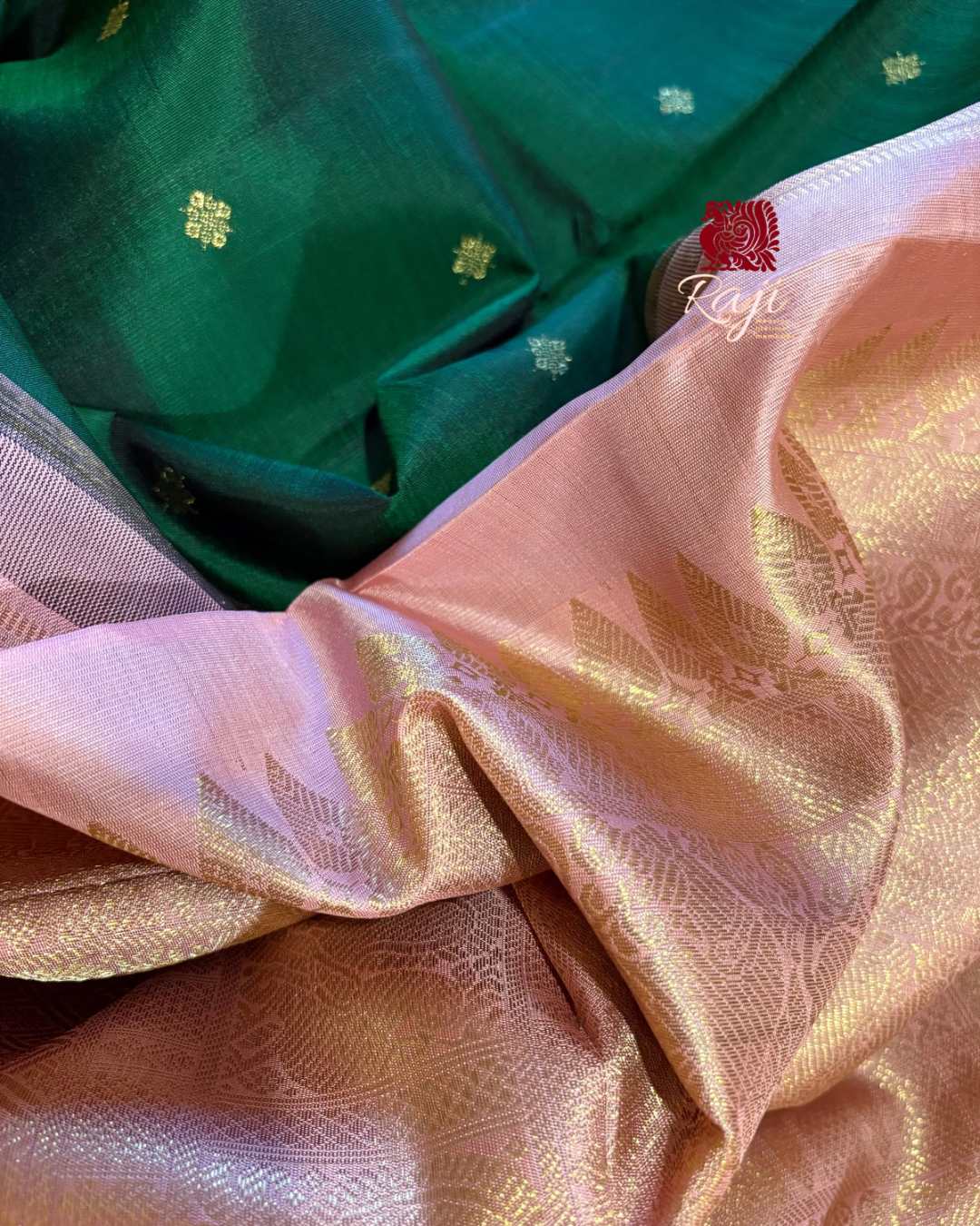 Velvety Dark green Korvai Kanjivaram Silk Saree with Dusty Rose Border - RK0504