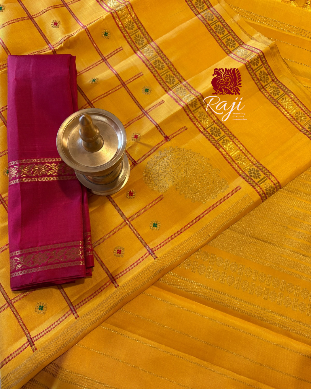 Golden Mustard Veldhari kattam monotone Kanjivaram Silk Saree with Meenakari buttas - RK0750