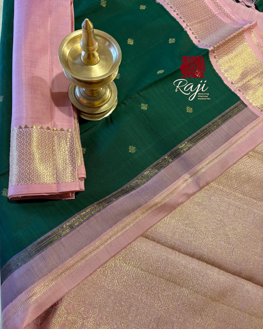 Velvety Dark green Korvai Kanjivaram Silk Saree with Dusty Rose Border - RK0504