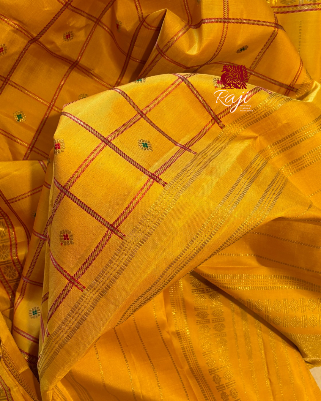 Golden Mustard Veldhari kattam monotone Kanjivaram Silk Saree with Meenakari buttas - RK0750