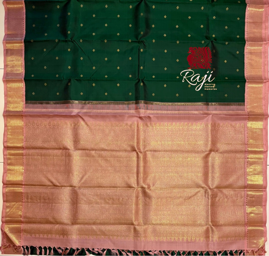 Velvety Dark green Korvai Kanjivaram Silk Saree with Dusty Rose Border - RK0504