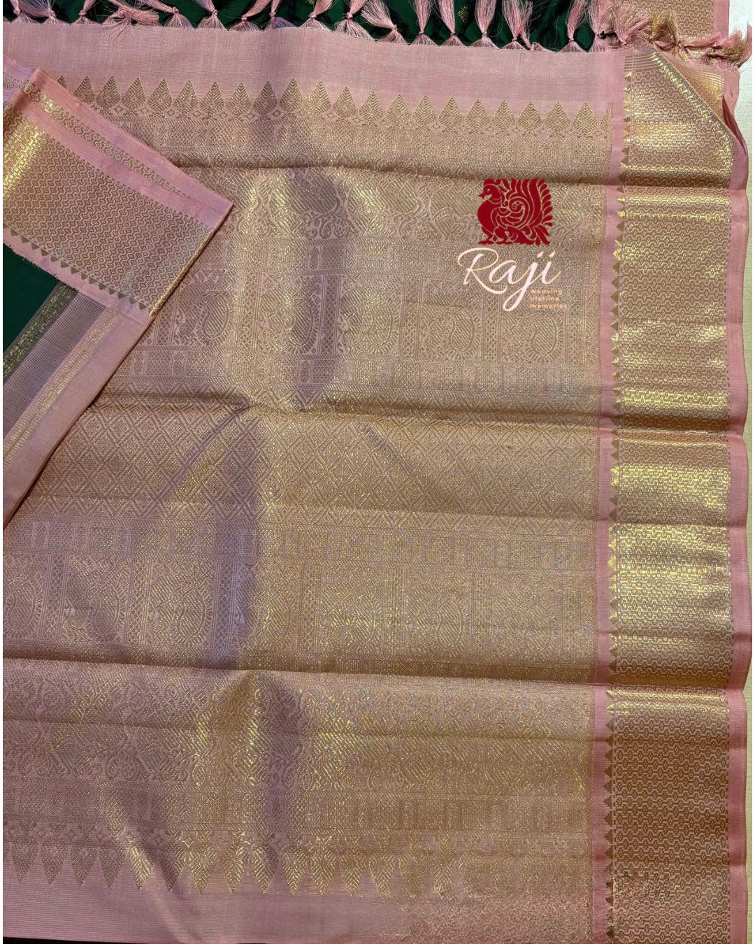Velvety Dark green Korvai Kanjivaram Silk Saree with Dusty Rose Border - RK0504