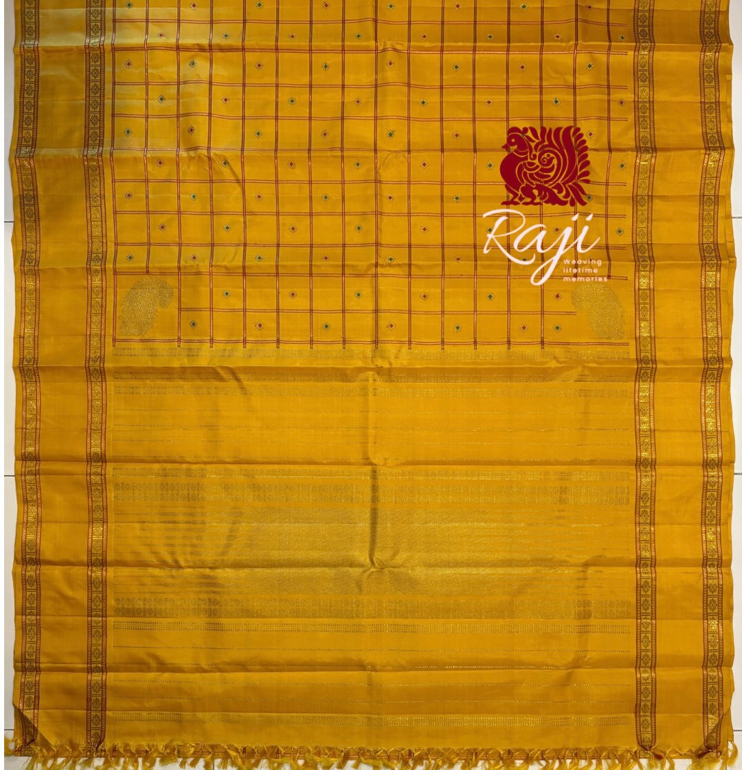 Golden Mustard Veldhari kattam monotone Kanjivaram Silk Saree with Meenakari buttas - RK0750